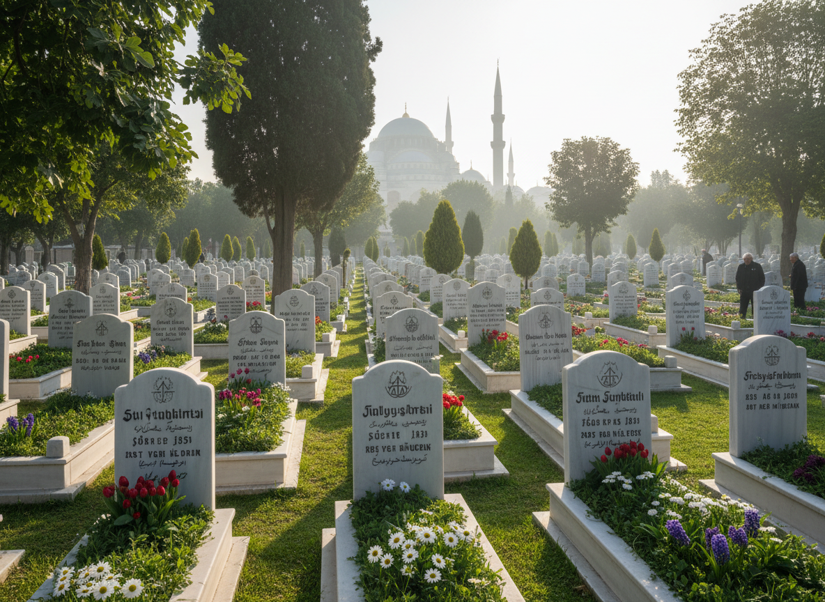 Düzenli bakımı yapılmış, çiçeklerle çevrili huzurlu bir Müslüman mezarlığı karesi.
